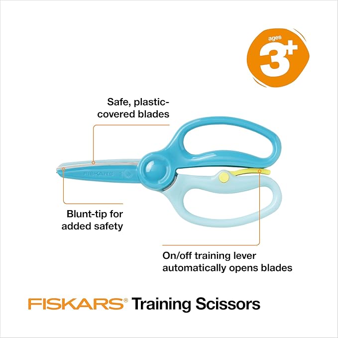 Fiskars Training Scissors for Preschoolers Ages 3+, Small Kids Safety Scissors with Training Lever, Easy to Use, Preschooler Art Supplies, Back To School, Turquoise