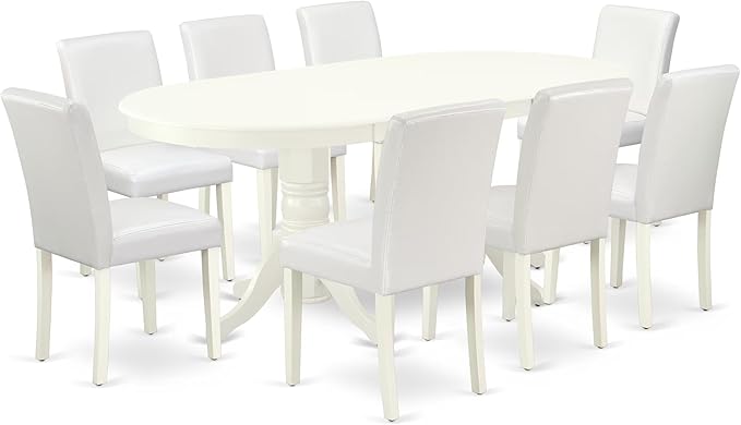 East West Furniture VAAB9-LWH-64 9 Piece Modern Dining Table Set Includes an Oval Wooden Table with Butterfly Leaf and 8 White Faux Leather Parson Dining Chairs, 40x76 Inch, Linen White