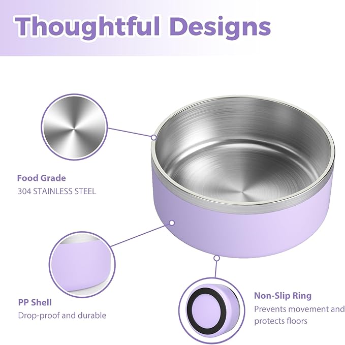 Stainless Steel Dog Bowls, Metal Dog Bowls, Water Bowl for Dogs, Dog Food Bowls, Pet Bowls for Dogs, Dog Dish for Large Dogs, Insulated Dog Bowl, Non Slip Dog Bowl,Easy Clean,64oz,LightPurple