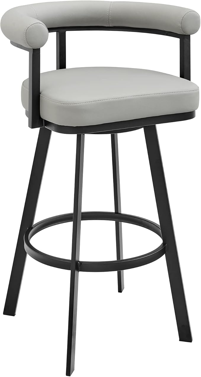 Armen Living Magnolia Swivel Counter Stool in Black Metal with Light Grey Faux Leather