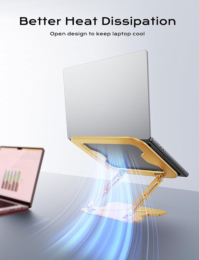 Adjustable Laptop Stand for Desk, Metal Foldable Laptop Riser, Portable Laptop Holder Mount, Ventilated Cooling Computer Notebook Stand for MacBook Air Pro, All 10-16'' Notebooks Laptops, Gold
