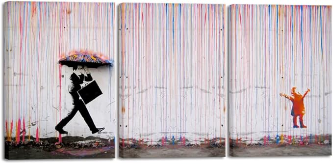 Wieco Art 3 Piece Banksy Famous Canvas Paintings Wall Art Raining day Modern Large Inspirational Grey Love Pictures Print Artwork for Dining Room Kitchen Home Office Decor