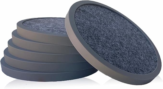 Absorbent Coasters for Drinks - 6packs, Silicone Coasters with Soft Felt Insert (4.3inch, Grey and Black)