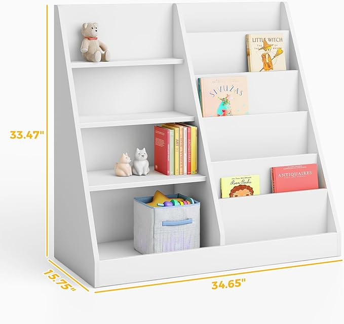 Tatub 6 Tier Kids Wooden Bookshelf and Toy Storage, Children Toy Organizer with Book Shelves, Toddler BookRack Baby Bookcase for Nursery, Playroom and Classroom, White