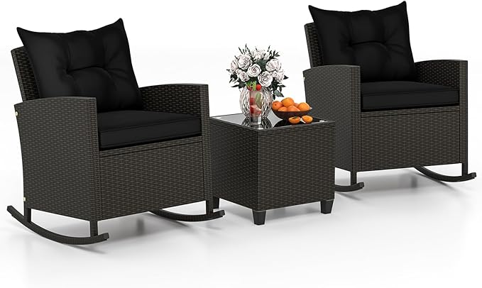 Tangkula 3 Piece Wicker Rocking Set, Patio Rattan Roker Chairs with Tempered Glass Table & Soft Cushions, Outdoor Furniture Set for Backyard, Poolside Porch (Black)