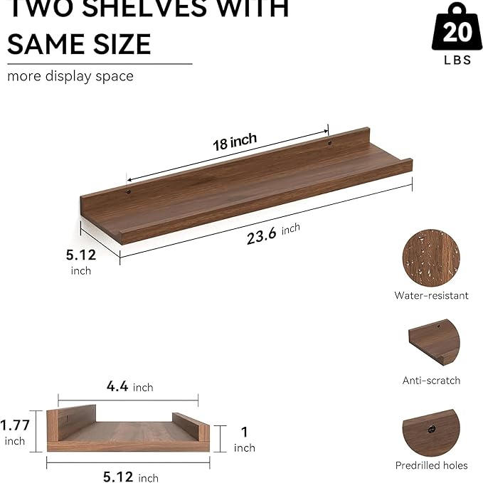 23.6 Inch Long Floating Shelves - 2 Set Farmhouse Wall Shelf for Bedroom, Nursery Book Shelf with Lip, Picture Ledge Shelf for Wall Decor Living Room Bathroom Kitchen - Walnut