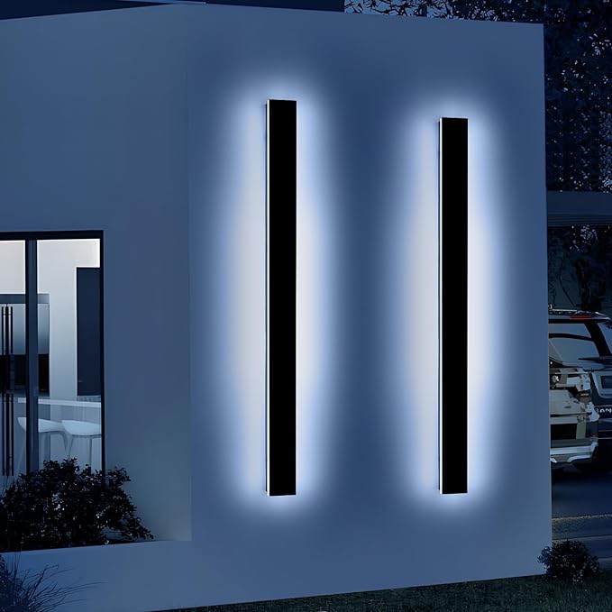 2 Pack 57inch Modern Outdoor Wall Lights, Long Strip Exterior LED Wall Sconce, 6000K Cold White, IP65 Waterproof, 50W, Black Outside Lighting Fixture for Porch, Garden, Fence, Balcony