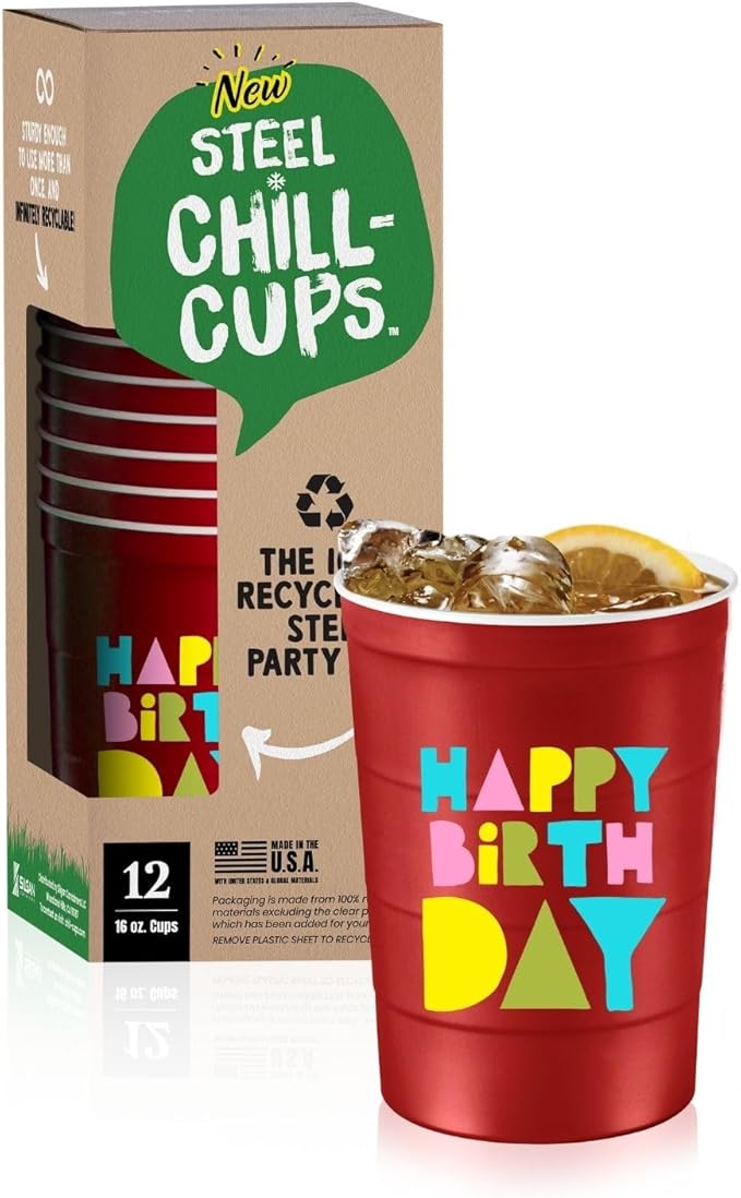 16 oz. Party Cups 'Happy Birthday' Balloon Design for Cold Drinks, Durable, Disposable, Recyclable, Made in USA, Red, 12 Count