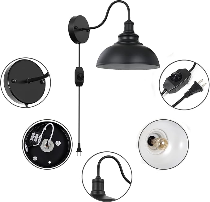 Black Gooseneck Industrial Wall Sconces E26 Base with Plug in Wall Lamp Dimmer Switch Vintage Style Wall Light Fixture for Farmhouse Bedroom Bedside Nightstand Headboard Porch Garage of 2 Set Packs