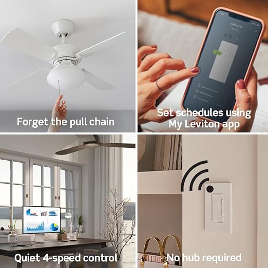 Leviton Decora Smart Fan Speed Controller, Wi-Fi 2nd Gen, Neutral Wire Required, Works with My Leviton, Alexa, Google Assistant, Apple Home/Siri & Wired or Wire-Free 3-Way, D24SF-1RW, White