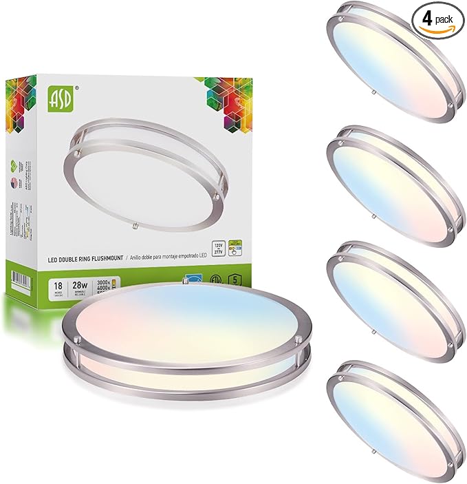 ASD LED 18" Round Flush Mount Lighting, Close to Ceiling Light Fixture | 3CCT, Dimmable, Energy Star, ETL Listed | 28W 2744LM 3000-5000K 100-277V | Low Profile Double Ring Lamp | Nickel, 4 Pack