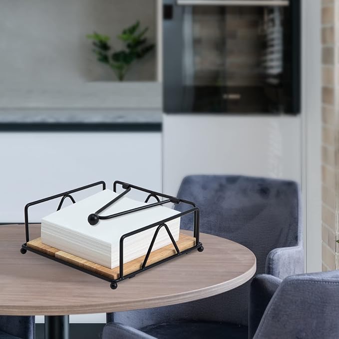 Square Napkin Holder - Durable Table Napkin Dispenser with Weighted Arm, Metal Napkin Storage with Wooden Base, Farmhouse Napkin Holder for Table, Kitchen and Countertops (Black)