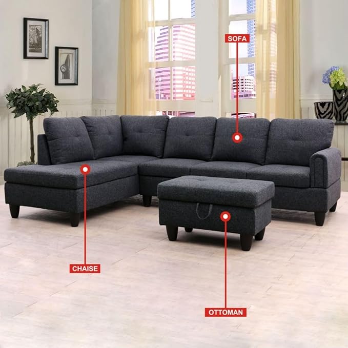 Black Grey L-Shaped 3-Piece Linen Sofa with Storage Ottoman Set, Sectional Couch Sofa Set for Living Room, Office, Small Space