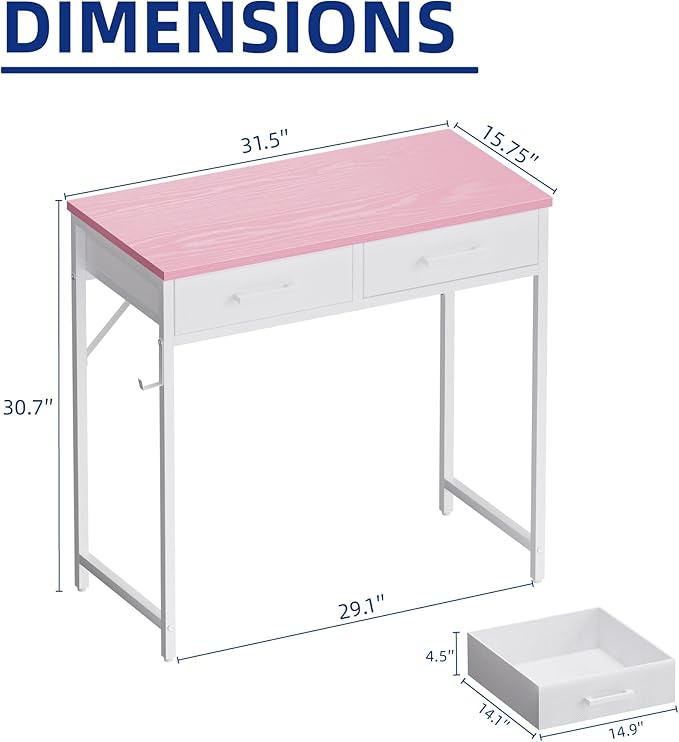 Pamray 32 Inch Small Computer Desk with 2 Drawers for Bedroom Study Writing Home Office Table for Small Spaces Pink