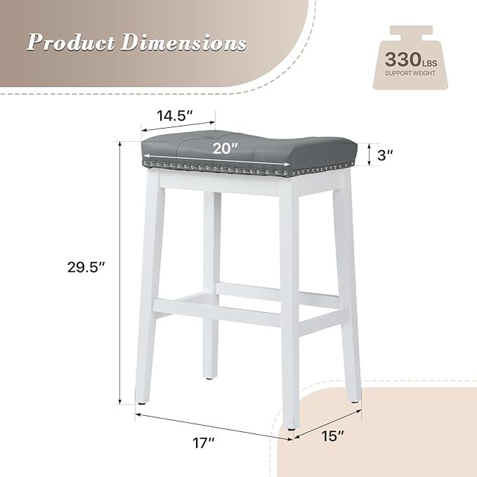 Athena Collection Counter Height Bar Stools Set of 2, 29.5 Inches Backless Saddle Bar Stools with Leather Upholstered and Nailhead Trim, Barstools for Counter, Kitchen Island, Dining Room, Grey
