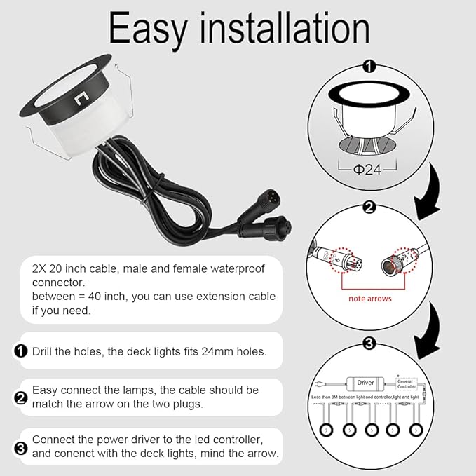 FVTLED Low Voltage Recessed RGBW Deck Light, 30pcs Φ1.22 RGB & Warm White Stainless Steel Waterproof Outdoor Step Lighting In-ground Landscape Pathway Patio Stair Decor Lamp, Black