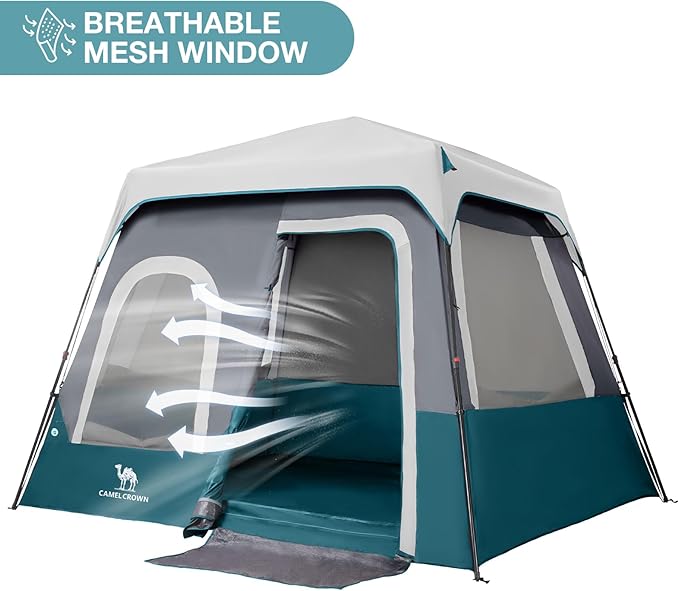 Camping Tents 4/6 Person Pop Up Instant Tent - Setup in 60s for Family Camping, Windproof Design, Family Cabin Tent with Rainfly & Backpack Carry Bag
