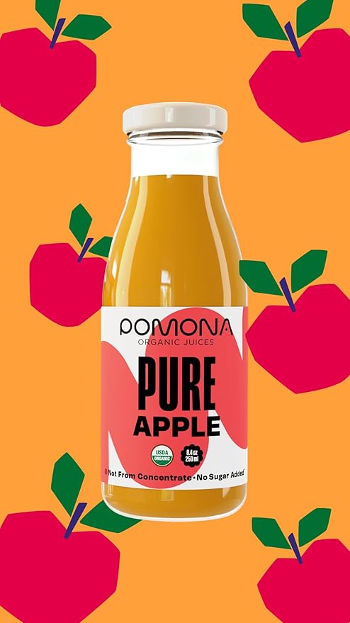 Pomona Organic Apple Juice (Pack of 12), Cold Pressed USDA Organic Juices, Apples And Lemon Juice, No Added Sugar, Not From Concentrate, Vegan, Kosher, Non GMO, Pasteurized, 8.4 Oz Glass Bottles