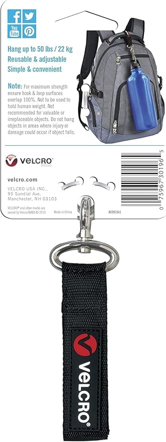 VELCRO Brand VEL-30196-USA Easy Hang Strap with Carabiner Clip Attach Water Bottles and Accessories to Bikes, Bags and more. Organization for Garden, Shed, RV. Extra Small-1Pk, Black