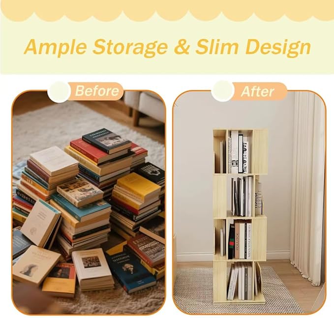 4 Tier Kids Rotating Bookshelf, Premium Pine Wood Space Saving Bookshelf Holds 100+ Books, 360° Spinning, Great for Larger Reads in Kids’ Room, Living Room & Office, Easy to Assemble