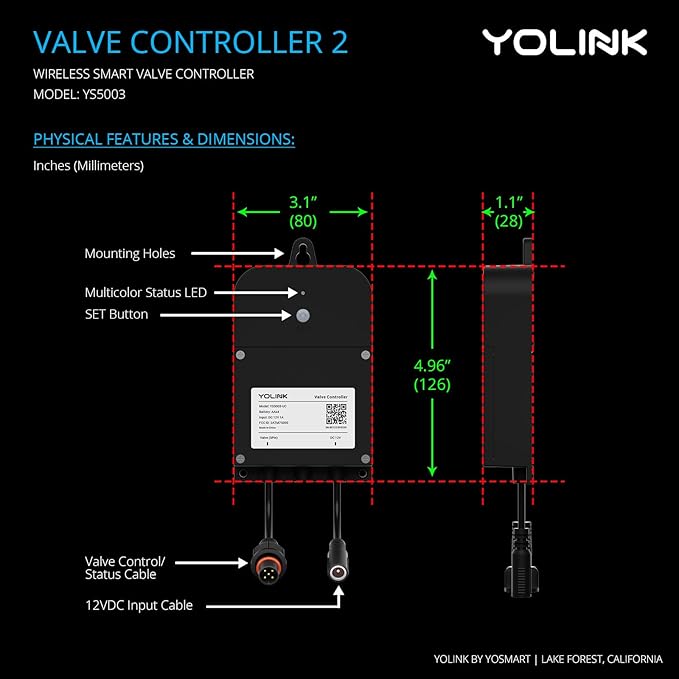 YoLink Wireless Smart Valve Control Kit, NSF Certified 1" Stainless Steel Motorized Valve, Wireless Controller 2, LoRa Long Range, D2D Offline with Leak Sensors, 2 Years Battery Backup