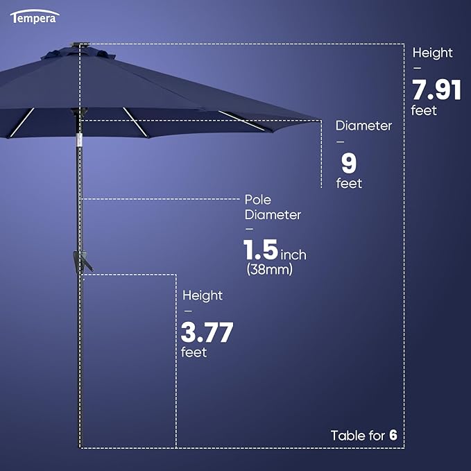 Tempera Solar Patio Umbrella 40 LED Lighted Outdoor Umbrella Table Market Umbrella with Push Button Tilt and Crank, Solar Umbrella with Sturdy Pole&Fade Resistant Canopy, Easy to Set