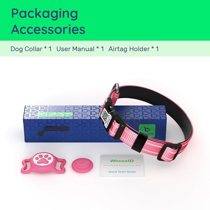 Airtag Dog Collar, Reflective Ultra-Durable Nylon Padded with QR Code Buckle & IP68 Waterproof Air Tag Holder Compatible for Apple AirTag, Comfortable for Small Medium Large Dogs(Green,L)