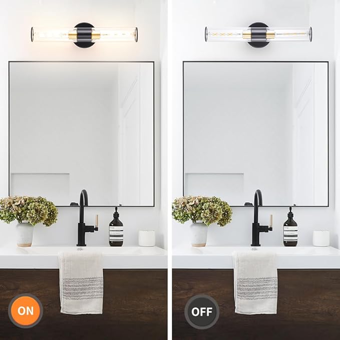 Black and Gold Bathroom Wall Sconces, Hardwired Sconce Wall Decor Set of 2, Modern Wall Sconce with Clear Glass, Bathroom Sconces over Mirror, Wall Light Fixtures for Hallway, Bedroom (Bulbs Required)