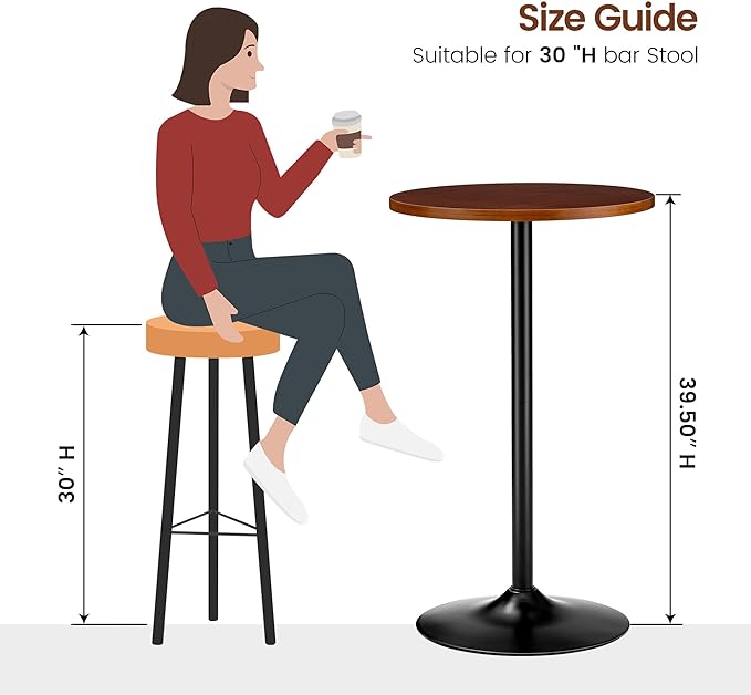 Glitzhome 39.5" H Round Pub Bistro Table, Round Bar Table Wood Top with Black Metal Leg and Base, Walnut Veneer Finish Cocktail Top Tall Table for Kitchen Island,Furniture (Walnut)