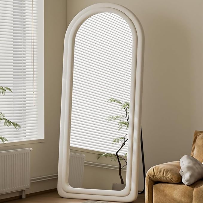 Koonmi 71"x32" Arched Mirror Full Length, Full Body Freely Standing Mirror, Flannel Floor Mirror with Stand for Bedroom, Living Room, Hanging or Against The Wall, White
