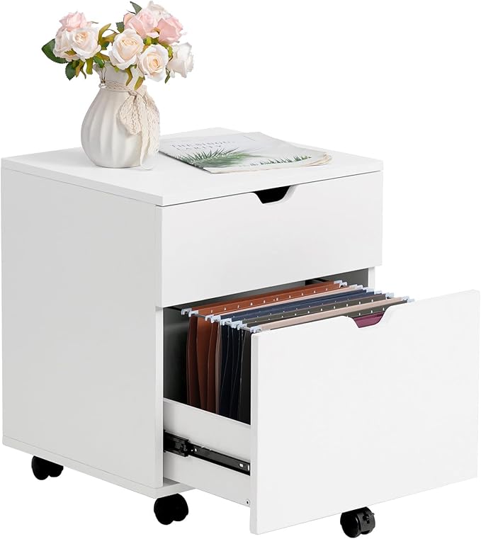 HollyHOME 2-Drawer Wood File Cabinet, Under Desk Cabinet for Home Office, Rolling Storage Shelf for Home, Printer Stand, for A4, Letter-Size, 11.8in Hanging File Folders, White