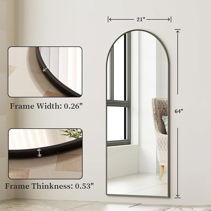 Arched Full Length Mirror, 64" x 21" Arch Floor Mirror with Stand, Full Length Wall Mirror Hanging or Leaning Arched-Top Full Body with Stand for Bedroom, Dressing Room, Black