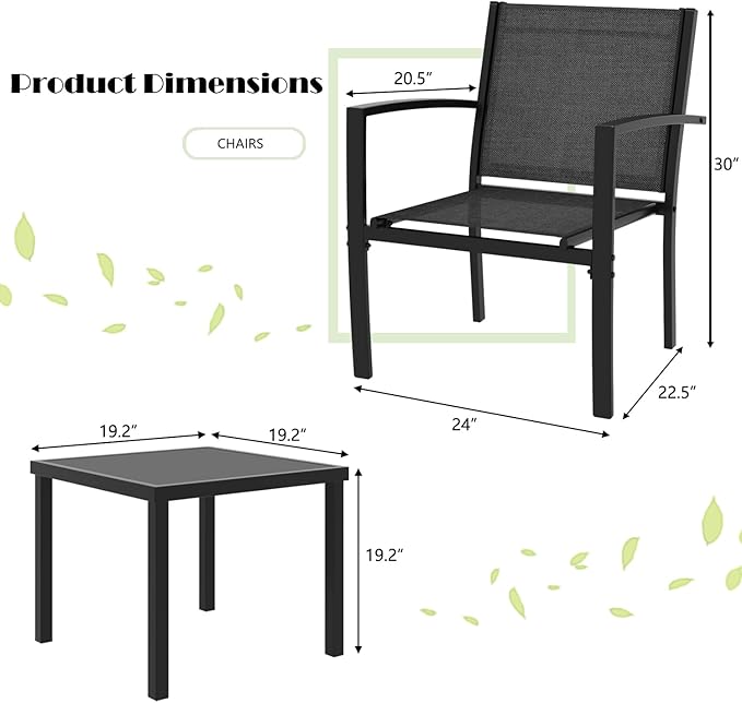 Greesum 3 Pieces Patio Furniture Set Outdoor Conversation Textilene Fabric Chairs for Lawn, Garden, Balcony, Poolside with A Glass Coffee Table, Black