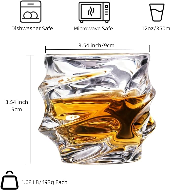 GLASKEY 12 oz Hand Blown Crystal Whiskey Glasses Set of 4, Unique Cognac Glass, Heavy Thick Bottom Bar Glass for Scotch Bourbon Rum Gin Water Cocktail,Gifts Men Gifts Ideas