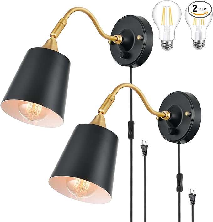 TRLIFE Wall Sconces Plug in, Dimmable Wall Lights with Plug in Cord Adjustable Lighting Angle Wall Mounted Light with On/Off Rotary Switch for Bedside, Bedroom, Over Mirror(2 Pack, 2 Bulbs Included)