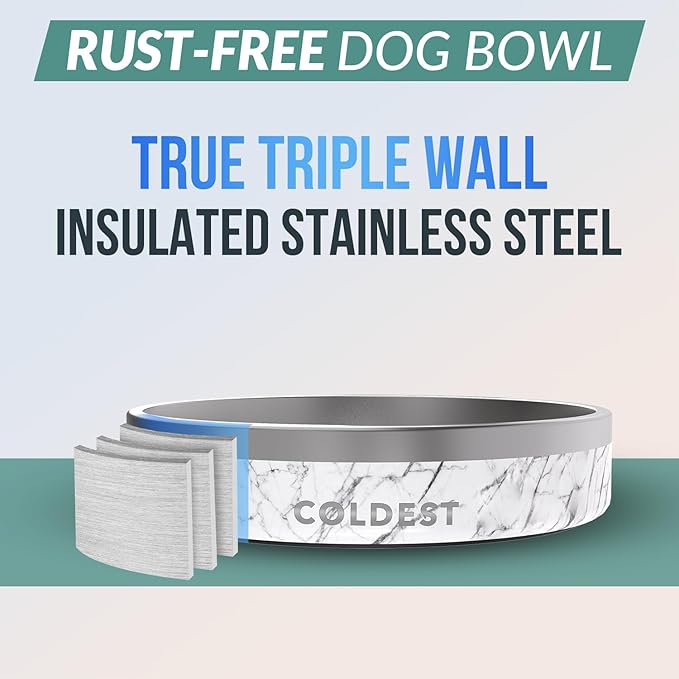 Coldest Dog Bowl - Anti Rust Metal, Non Slip, 3 Layers Insulated Stainless Steel Dog Bowls - Spill Proof & Heavy Duty - Water Bowl for Dogs, Cats & Pets, Dish Washer Safe (21 oz, Carrara Marble)