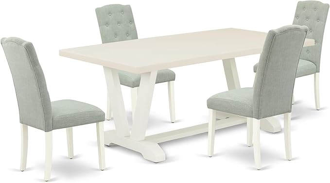 East West Furniture V027CE215-5 5 Piece Dining Room Furniture Set Includes a Rectangle Dining Table with V-Legs and 4 Baby Blue Linen Fabric Upholstered Chairs, 40x72 Inch, Multi-Color