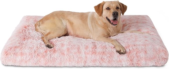 Bedfolks Waterproof Dog Crate Bed with Removable Washable Cover, Plush Faux Fur Pad, Extra Large, Fluffy Kennel Bed, 41"x27", Pink