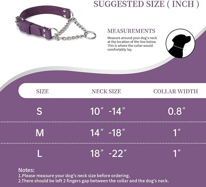 Martingale Collar for Dogs No-Pull Adjustable Training Collar with Stainless Steel Chain - Genuine Leather Anti-Slip Design for Small,Medium,Large Breed Dogs - Purple (M)