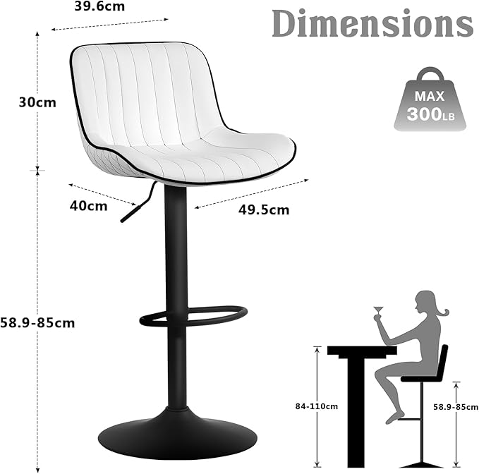 YOUNUOKE Bar Stools Set of 2, Adjustable Swivel Counter Height Chairs with Back, White PU Leather Upholstered Barstools for Kitchen Island Home Bar
