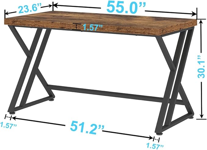 LVB Rustic Computer Desk, Metal Wood Home Office Desk, Industrial Simple Study Executive Desk for Writing Work, Wooden Student Gaming Computer PC Table with Storage for Bedroom, 55 Inch, Rustic Brown
