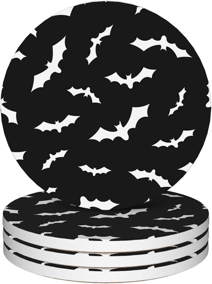 Drinks Coasters Set of 4, Bat Round 4" Cup Coasters, Absorbent Ceramic Stone Coasters with Cork Base, Cute Coasters for Table Home Décor, Ideal Gifts for Women Men