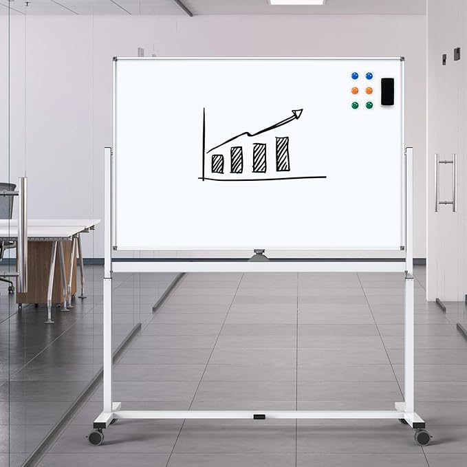 White Board on Wheels, 48 x 32 Inches Height-Adjustable Large Rolling Whiteboard, Mobile Magnetic Dry Erase Board with Stand, Double-Sided Standing Whiteboard for Office, Home, Classroom, School