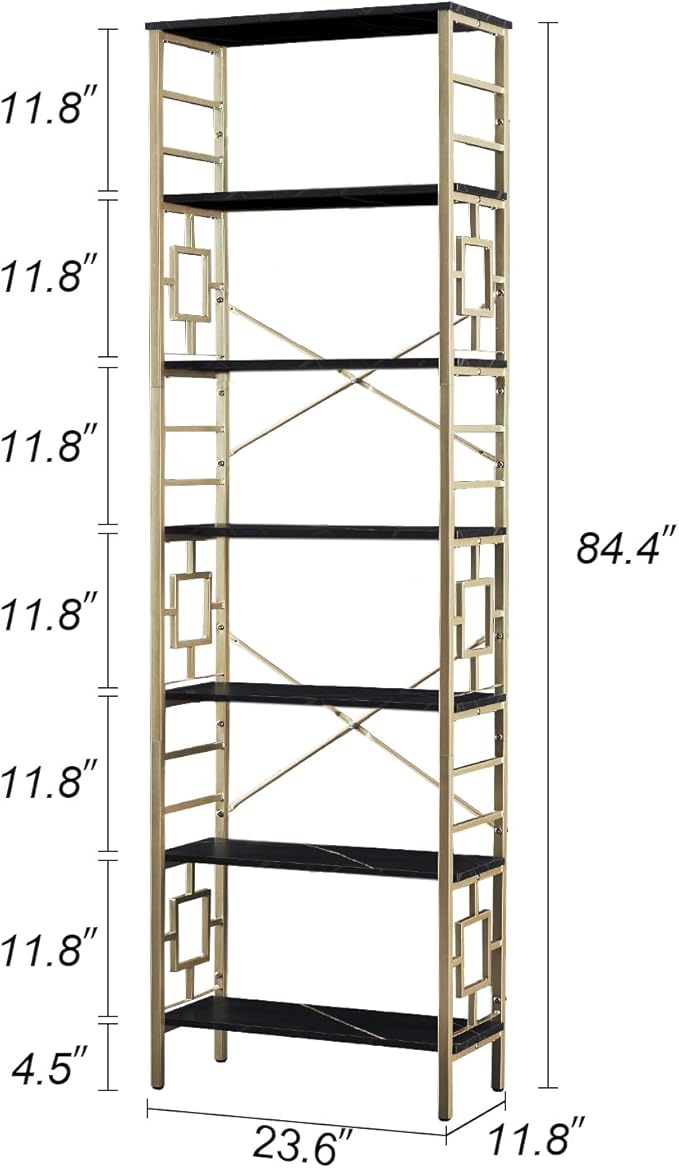 HOMISSUE Bookcase,7-Tier Tall Bookshelf Metal Bookcase and Bookshelves, Free Standing Storage Modern Bookshelf for Home Office Living Room and Bedroom, Black & Gold