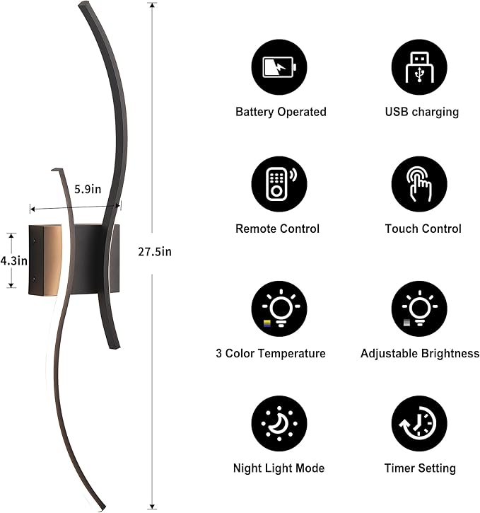 Battery Operated Wall Sconces Set of Two with Remote Control, Battery Wall Light, Stepless Colors 3000K-6000K & Dimming, Black Rechargeable Wall Sconces for Living Room, Hallway, Bedroom, 27.5 Inch