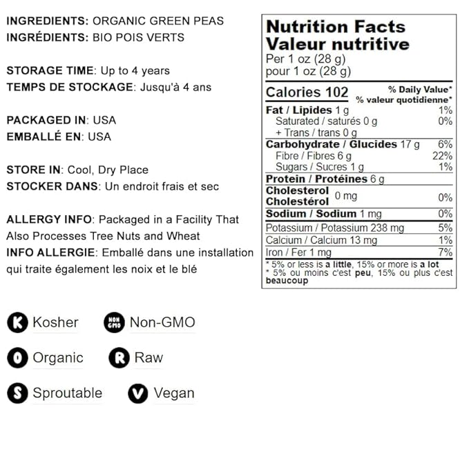 Food to Live Organic Whole Dried Green Peas, 8 Ounces – Non-GMO, Green Vatana, Sproutable, Vegan, Kosher, Bulk. Pre-Soak Needed. Rich in Protein, Fiber. Great for Green Curry, Stews, Salads, Pea Soup