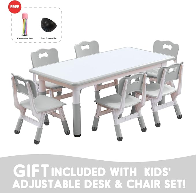 Kids Table and Chair Set, Snow Grey, Upgraded Plastic, 47.2x28.0 inches, Adjustable Height, Whiteboard Style, Includes 12 Color Pens