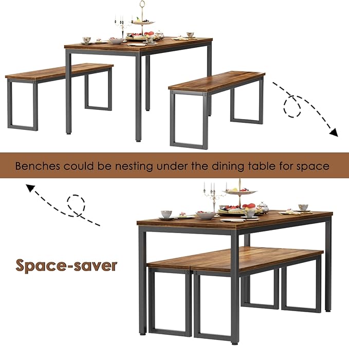 soges Kitchen Table Set with 2 Benches, Bench Dining Table Set for 4, 3 Piece Dining Room Table and Long Benches, Breakfast Table Coffee Table Set, Industrial Style Wooden Kitchen and Dining Room Set
