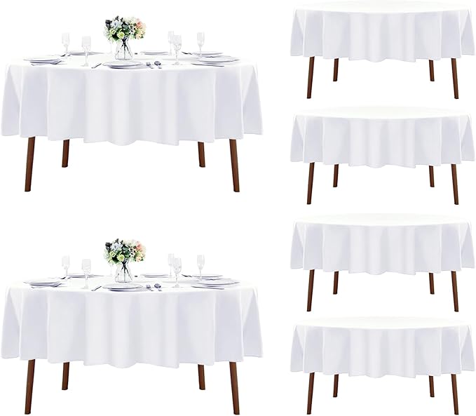Fokitut 6 Pack Round Tablecloth, 90 Inch, Stain Resistant and Wrinkle Polyester Table Cloth, Fabric Table Cover for Kitchen Dining, Wedding, Party, Holiday Dinner-White