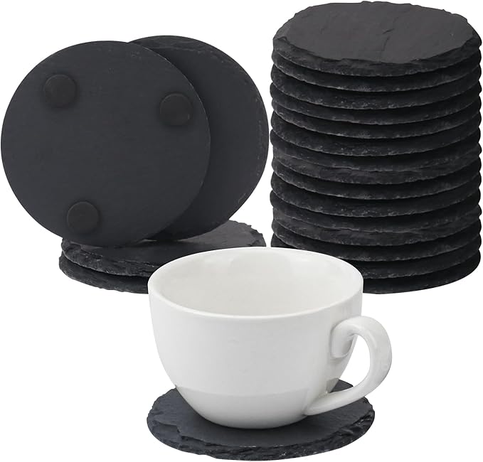 20 Pack 4 Inch Round Slate Coasters, Black Stone Coasters with Anti-Scratch Bottom, Ideal for Home Decor, Bar, Housewarming Gifts, and Laser Engraving KUKLIPJIM
